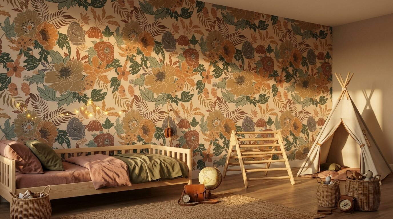 Retro Çiçekli Vintage Botanik Duvar Kağıdı