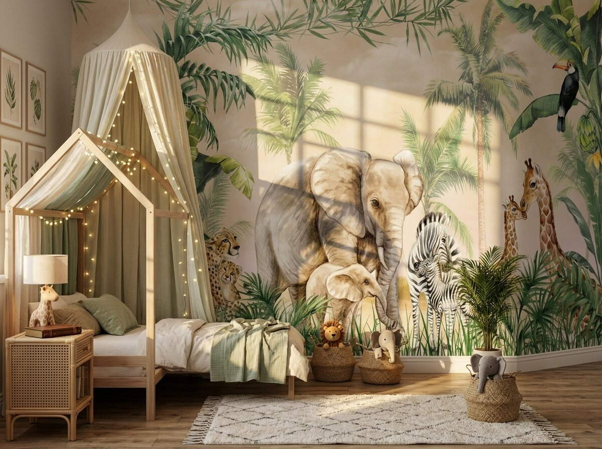 Safari Hayvanlı Jungle Çocuk Odası Duvar Kağıdı