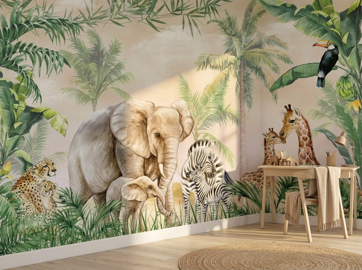 Safari Hayvanlı Jungle Çocuk Odası Duvar Kağıdı