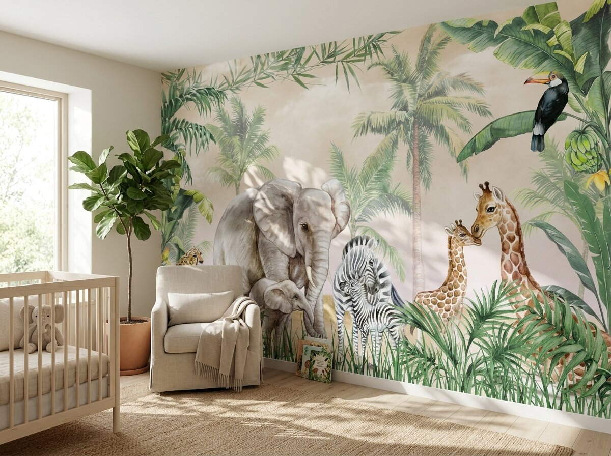 Safari Hayvanlı Jungle Çocuk Odası Duvar Kağıdı