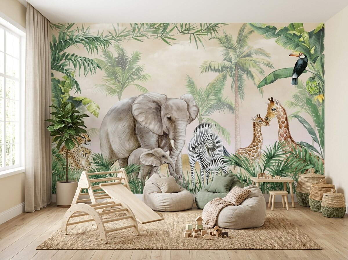 Safari Hayvanlı Jungle Çocuk Odası Duvar Kağıdı