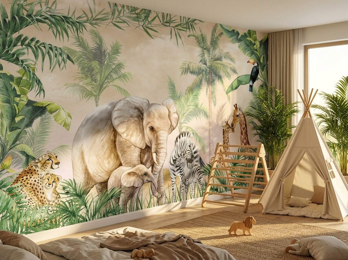 Safari Hayvanlı Jungle Çocuk Odası Duvar Kağıdı