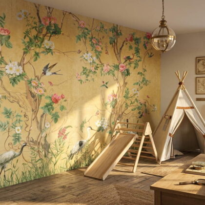 Sarı Chinoiserie Kuşlu Botanik Salon Duvar Kağıdı