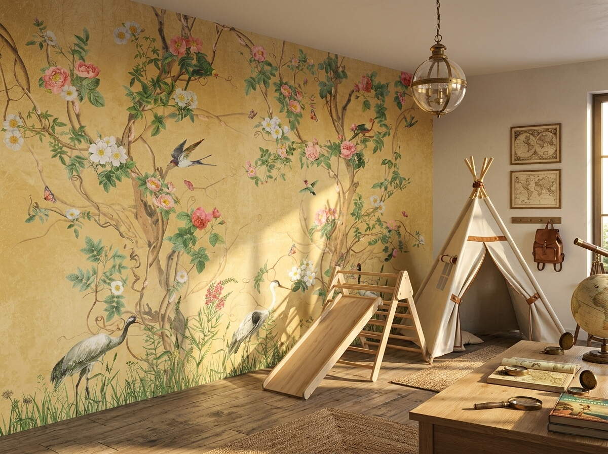 Sarı Chinoiserie Kuşlu Botanik Salon Duvar Kağıdı
