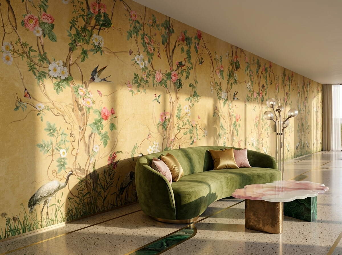 Sarı Chinoiserie Kuşlu Botanik Salon Duvar Kağıdı