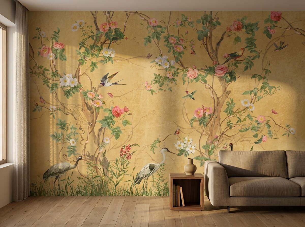 Sarı Chinoiserie Kuşlu Botanik Salon Duvar Kağıdı