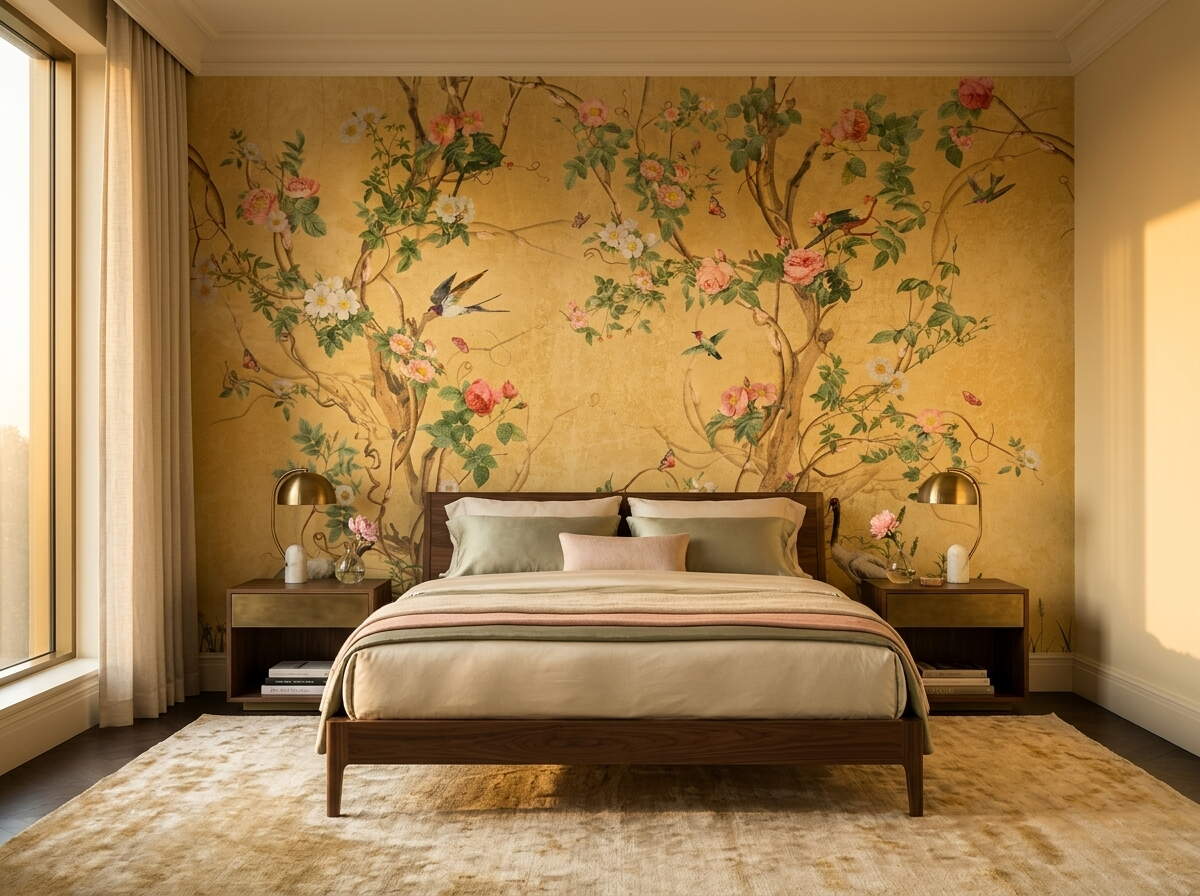 Sarı Chinoiserie Kuşlu Botanik Salon Duvar Kağıdı