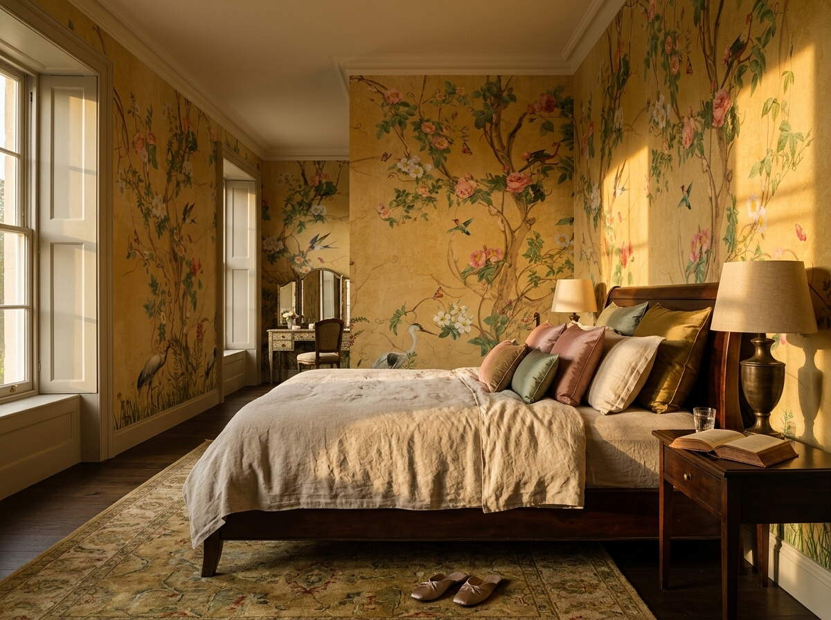 Sarı Chinoiserie Kuşlu Botanik Salon Duvar Kağıdı