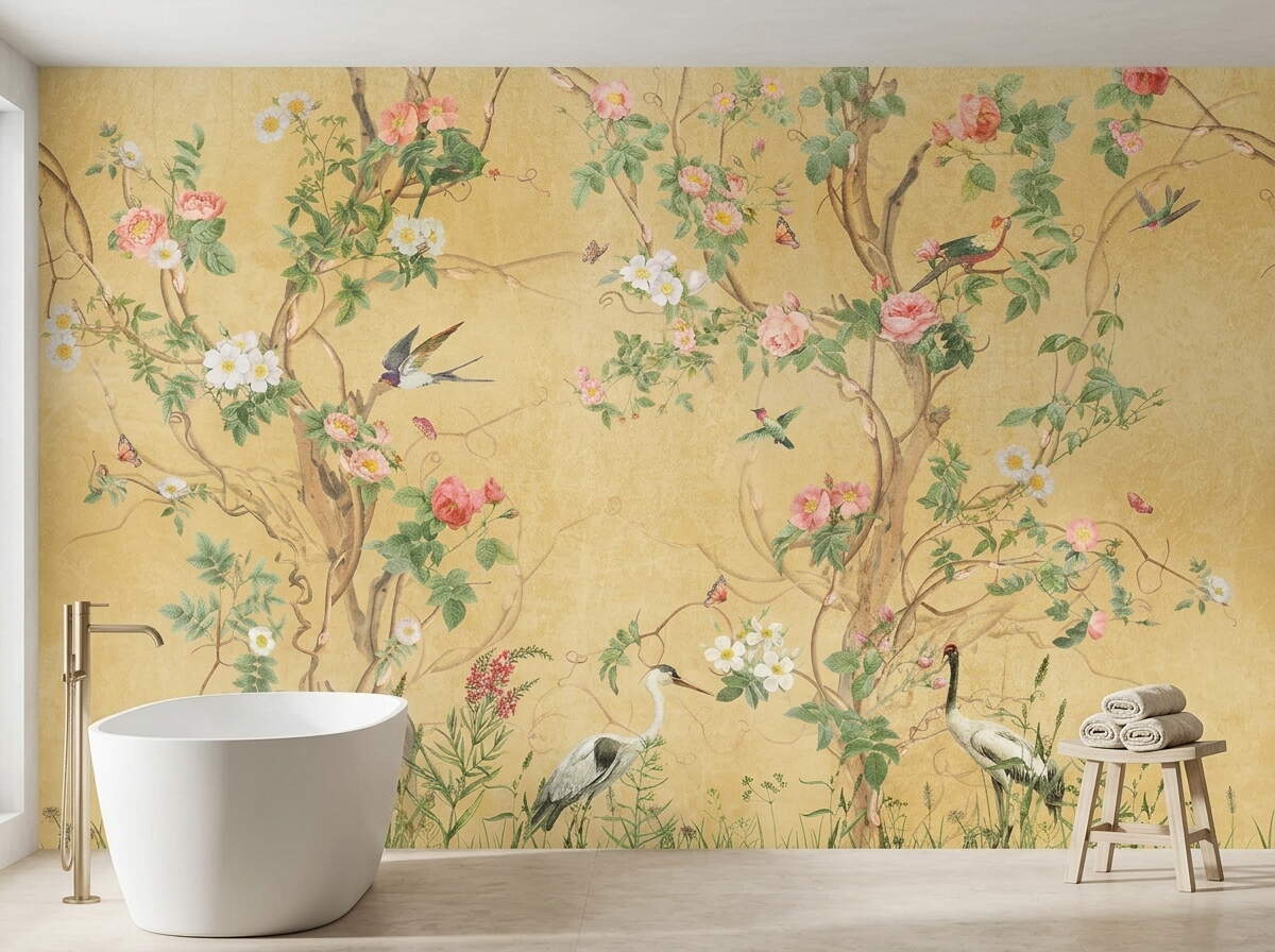 Sarı Chinoiserie Kuşlu Botanik Salon Duvar Kağıdı