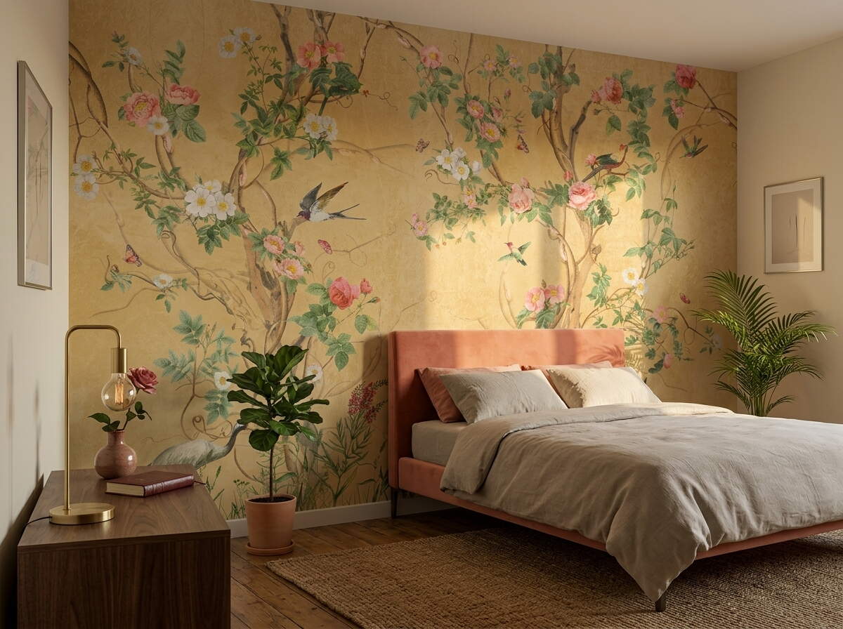 Sarı Chinoiserie Kuşlu Botanik Salon Duvar Kağıdı