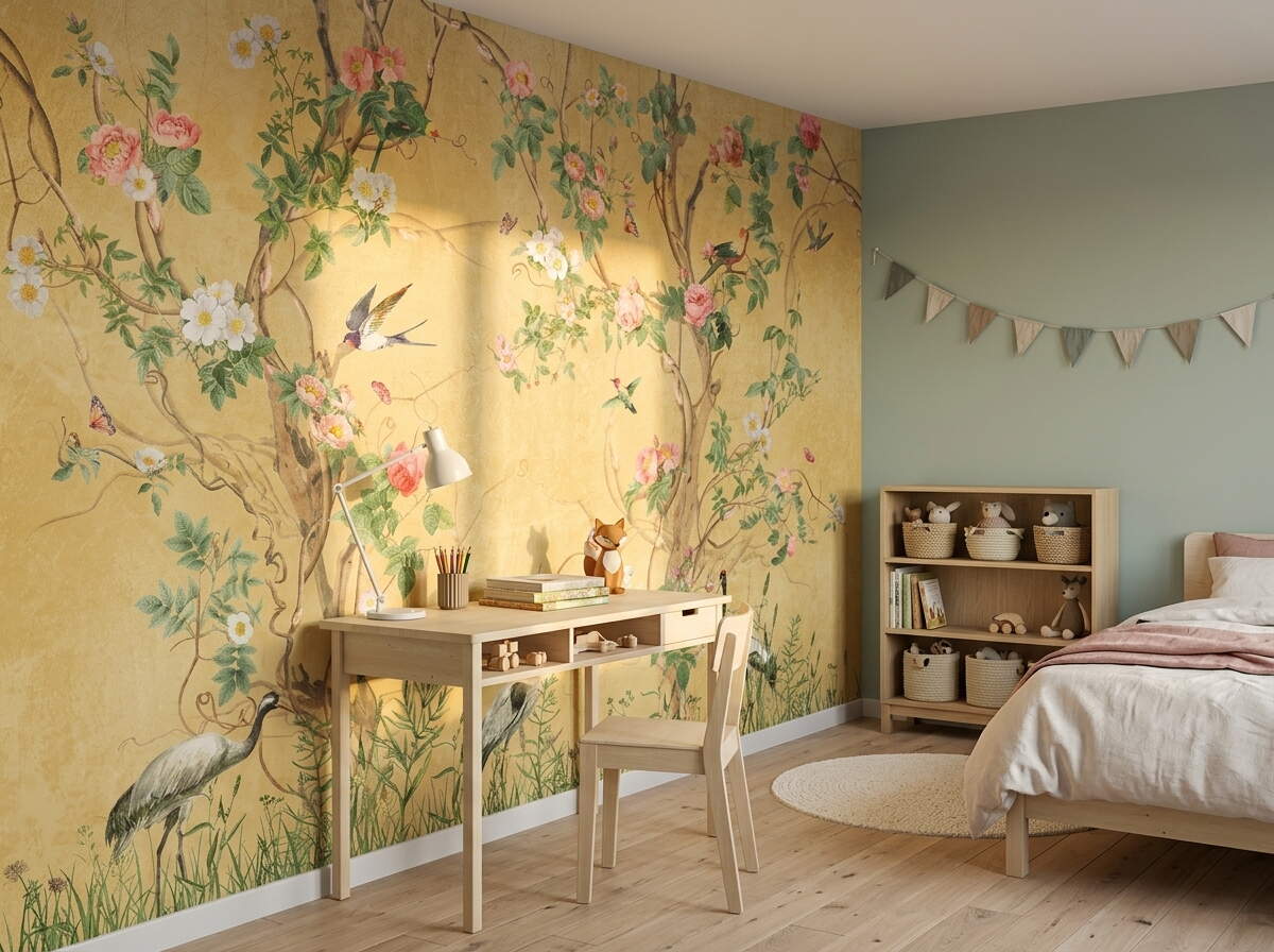 Sarı Chinoiserie Kuşlu Botanik Salon Duvar Kağıdı
