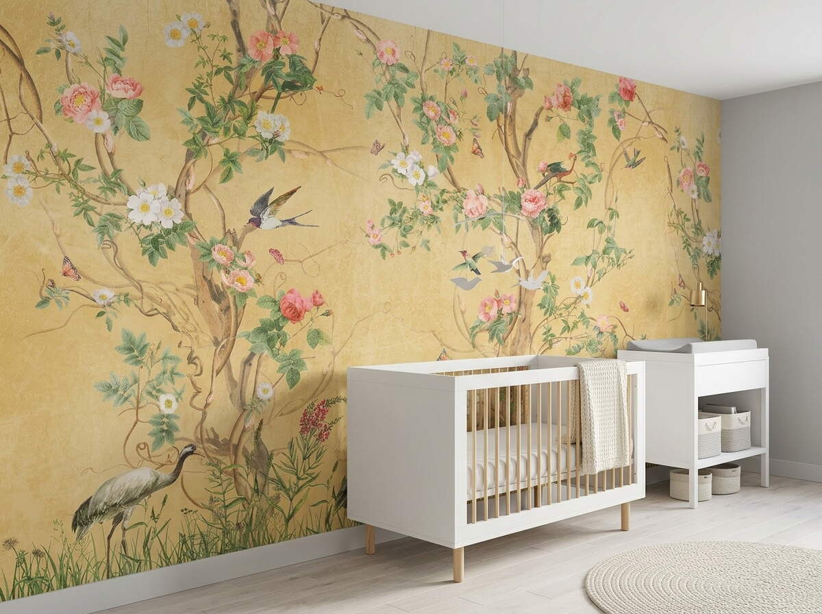 Sarı Chinoiserie Kuşlu Botanik Salon Duvar Kağıdı