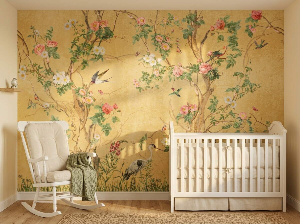 Sarı Chinoiserie Kuşlu Botanik Salon Duvar Kağıdı