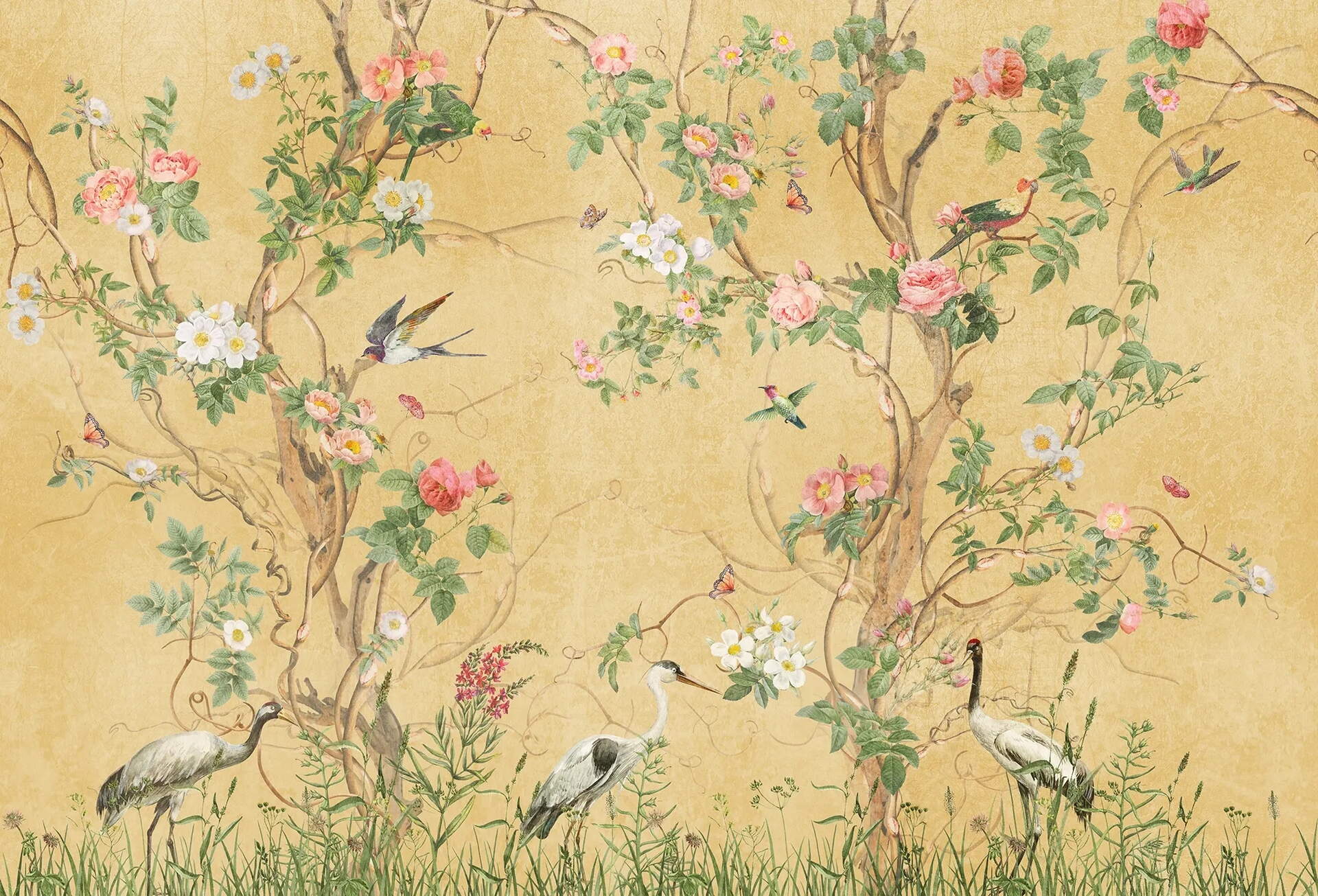 Sarı Chinoiserie Kuşlu Botanik Salon Duvar Kağıdı