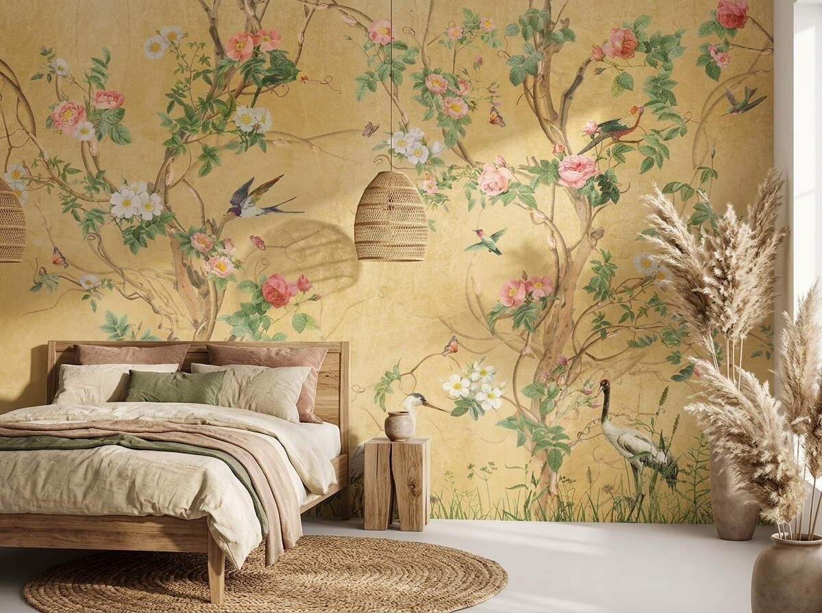 Sarı Chinoiserie Kuşlu Botanik Salon Duvar Kağıdı