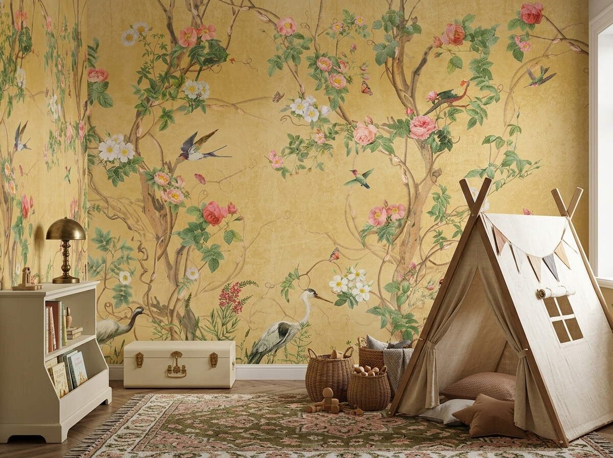 Sarı Chinoiserie Kuşlu Botanik Salon Duvar Kağıdı
