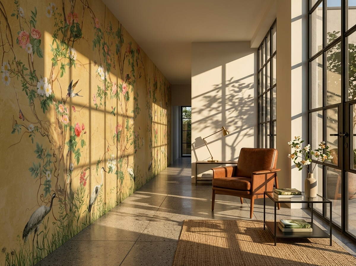 Sarı Chinoiserie Kuşlu Botanik Salon Duvar Kağıdı