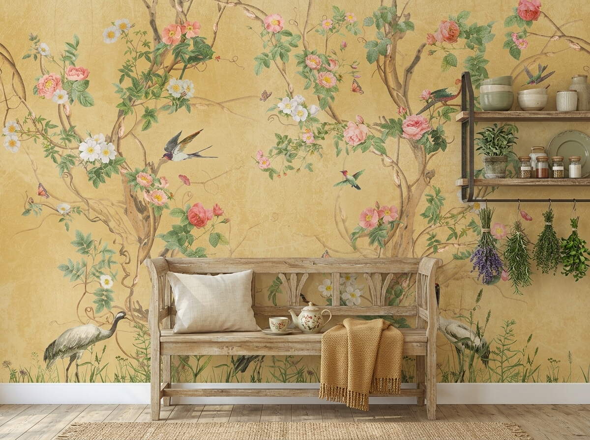 Sarı Chinoiserie Kuşlu Botanik Salon Duvar Kağıdı