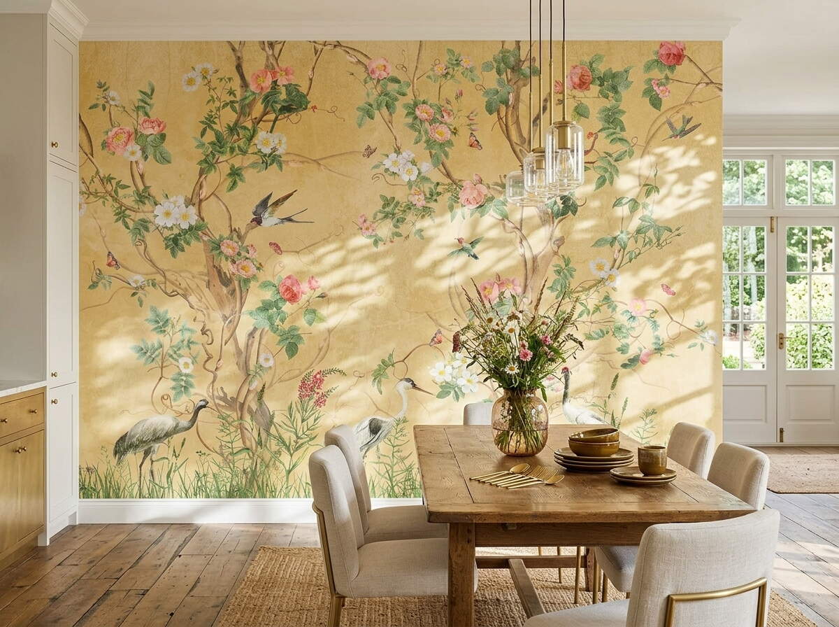 Sarı Chinoiserie Kuşlu Botanik Salon Duvar Kağıdı