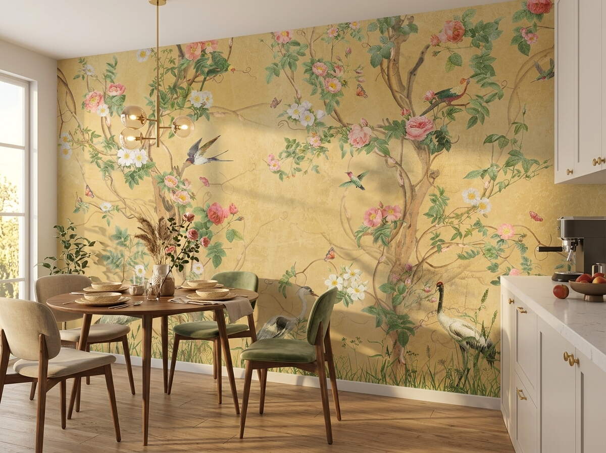 Sarı Chinoiserie Kuşlu Botanik Salon Duvar Kağıdı