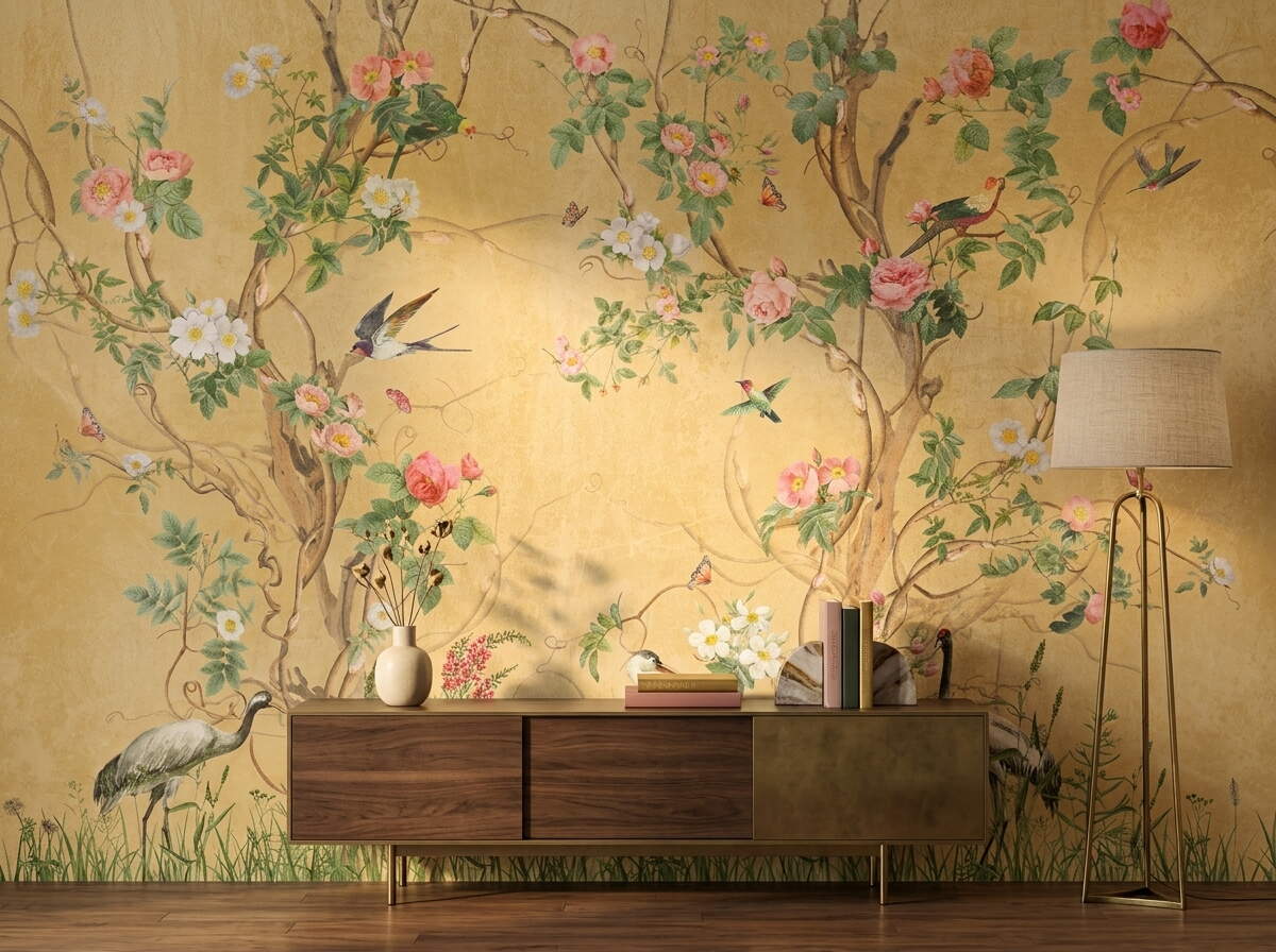 Sarı Chinoiserie Kuşlu Botanik Salon Duvar Kağıdı