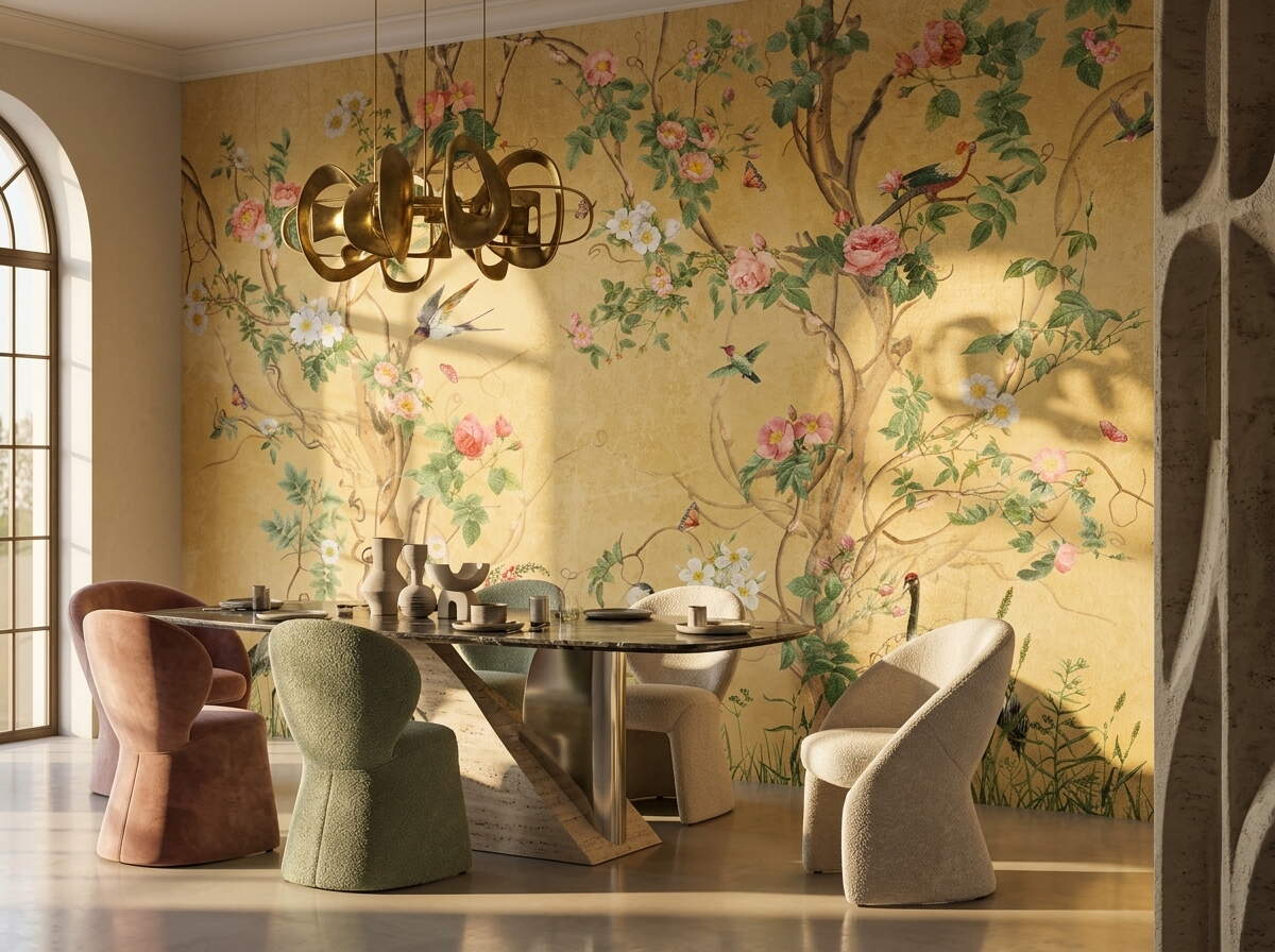 Sarı Chinoiserie Kuşlu Botanik Salon Duvar Kağıdı