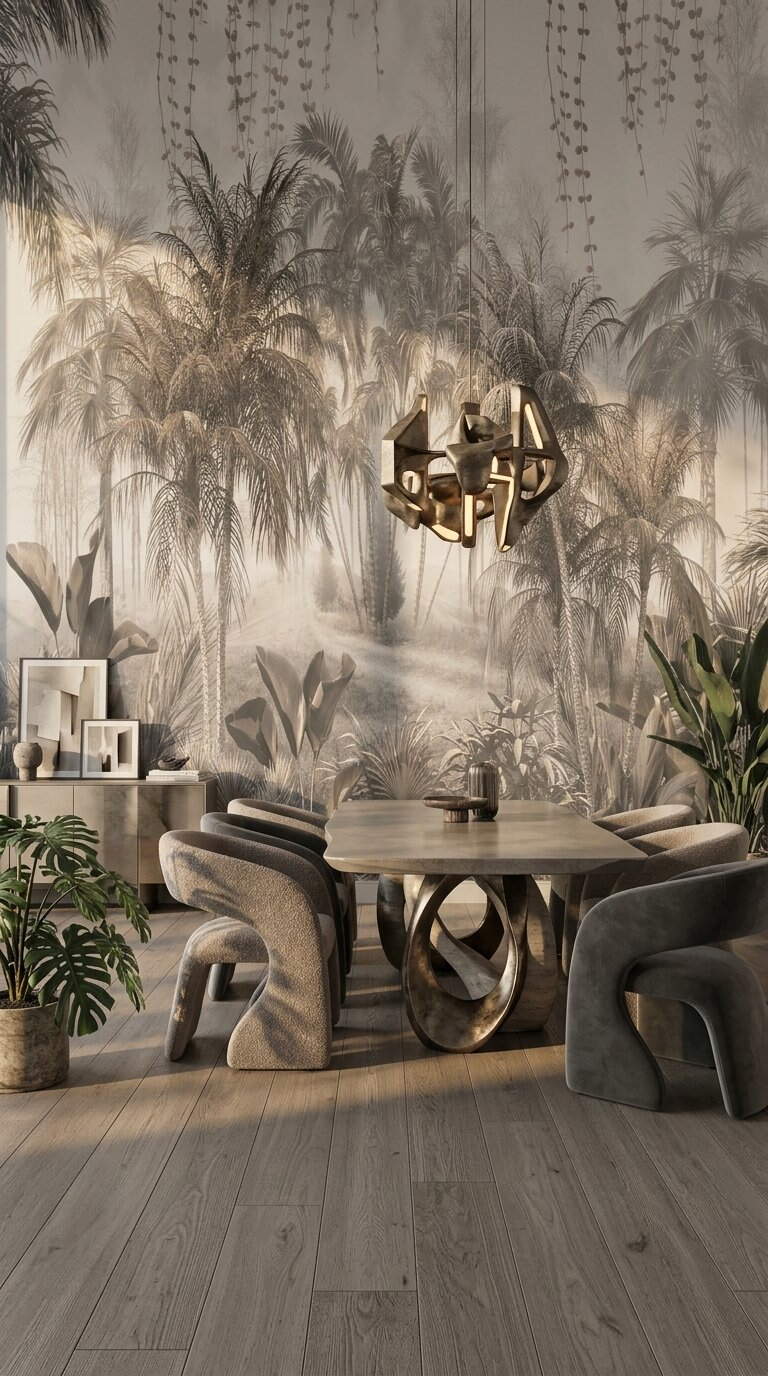 Sepia Vintage Tropikal Palmiye Sisli Jungle Duvar Kağıdı
