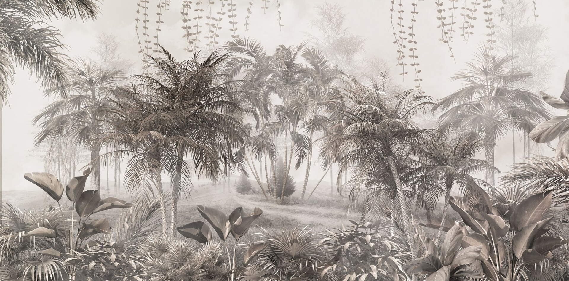 Sepia Vintage Tropikal Palmiye Sisli Jungle Duvar Kağıdı