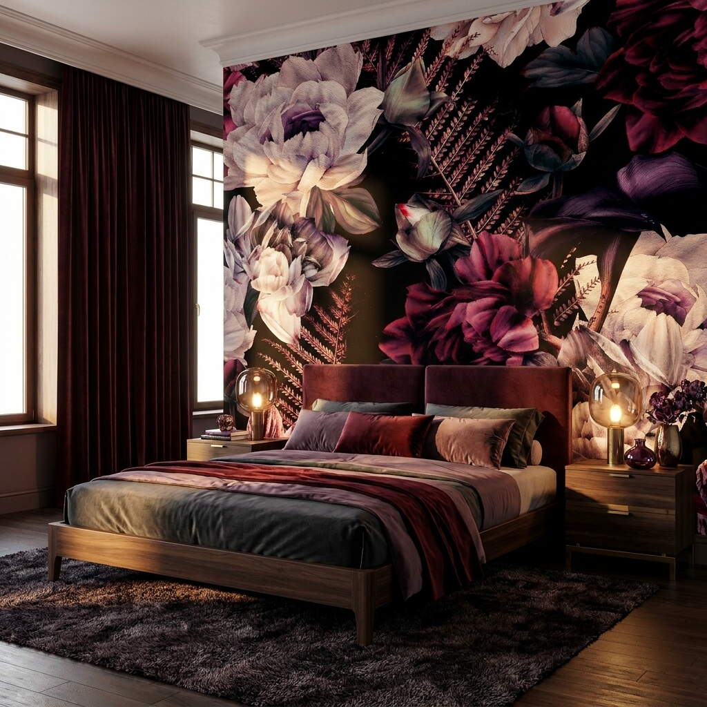 Siyah Zeminli Bordo Şakayık Buketli Salon Duvar Kağıdı