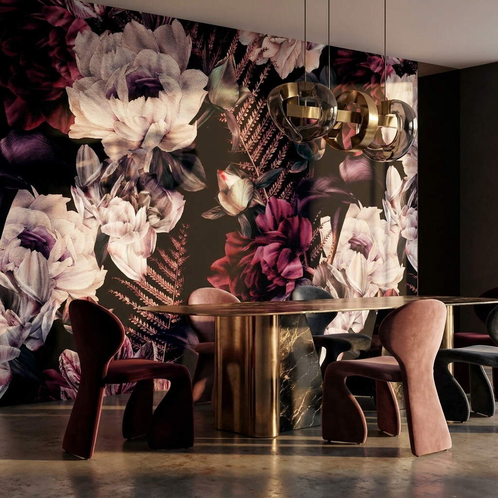 Siyah Zeminli Bordo Şakayık Buketli Salon Duvar Kağıdı