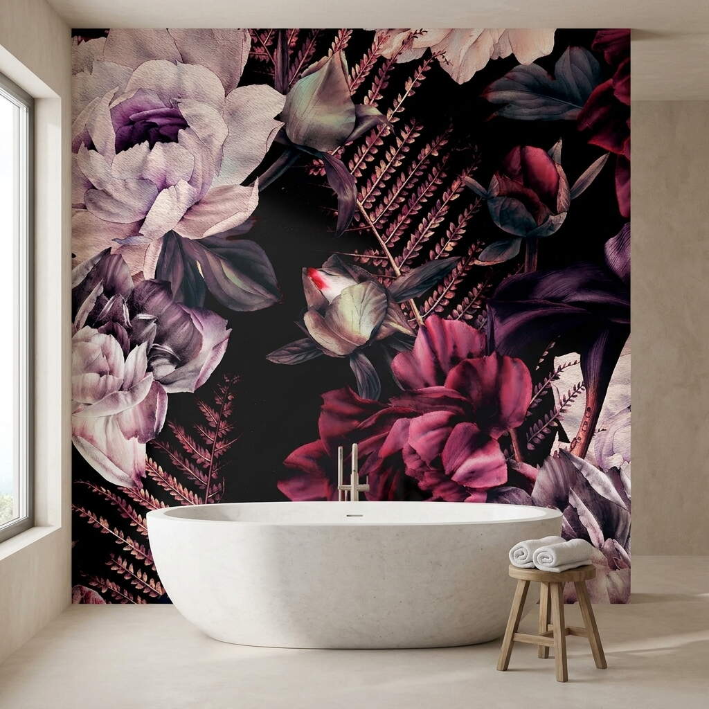 Siyah Zeminli Bordo Şakayık Buketli Salon Duvar Kağıdı