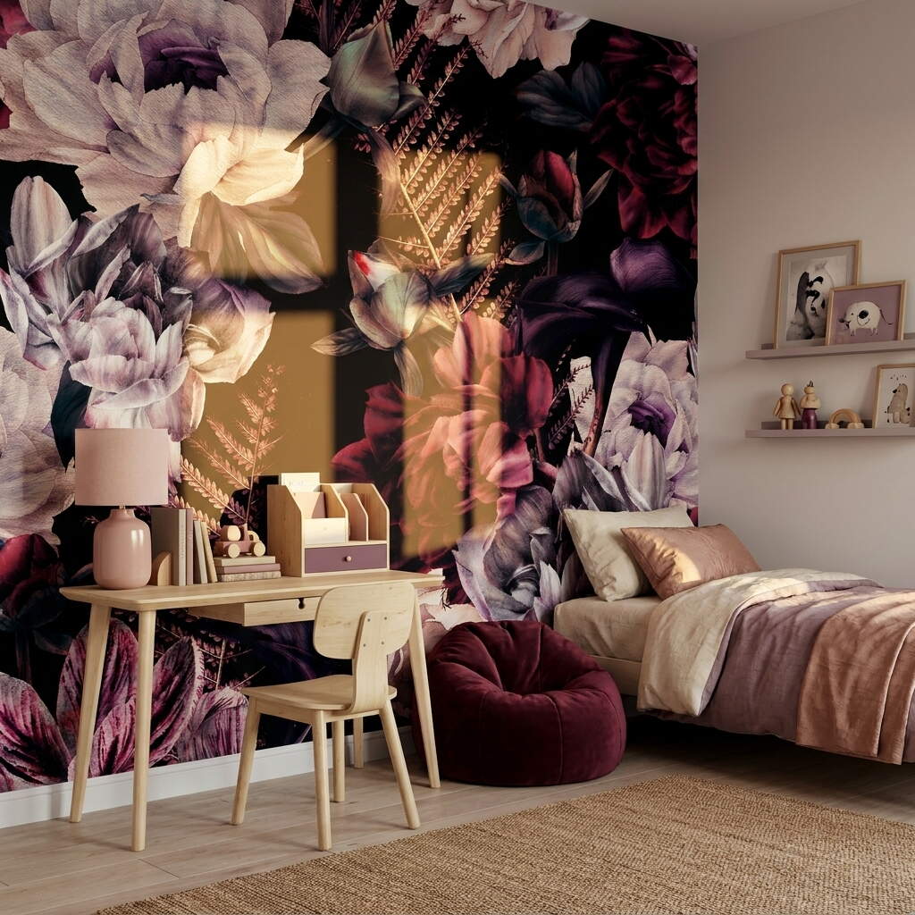 Siyah Zeminli Bordo Şakayık Buketli Salon Duvar Kağıdı
