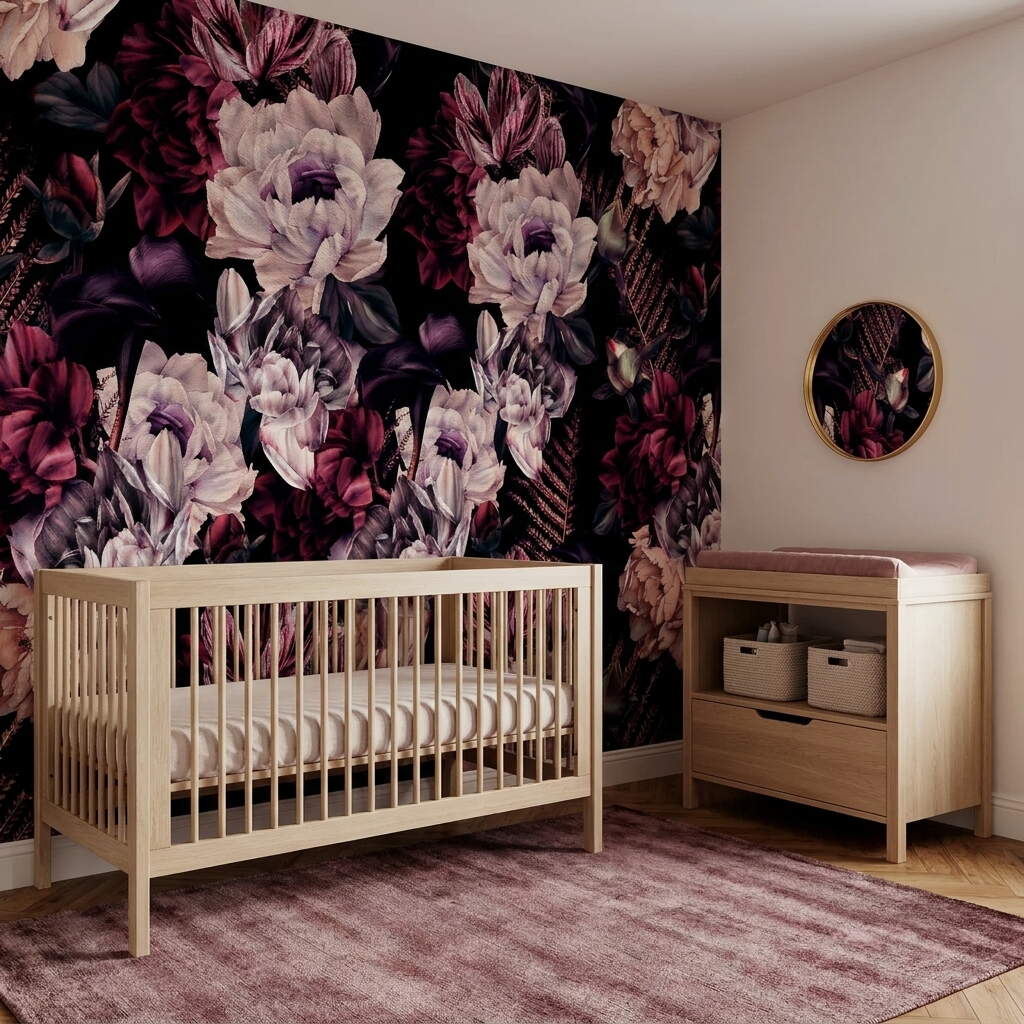 Siyah Zeminli Bordo Şakayık Buketli Salon Duvar Kağıdı