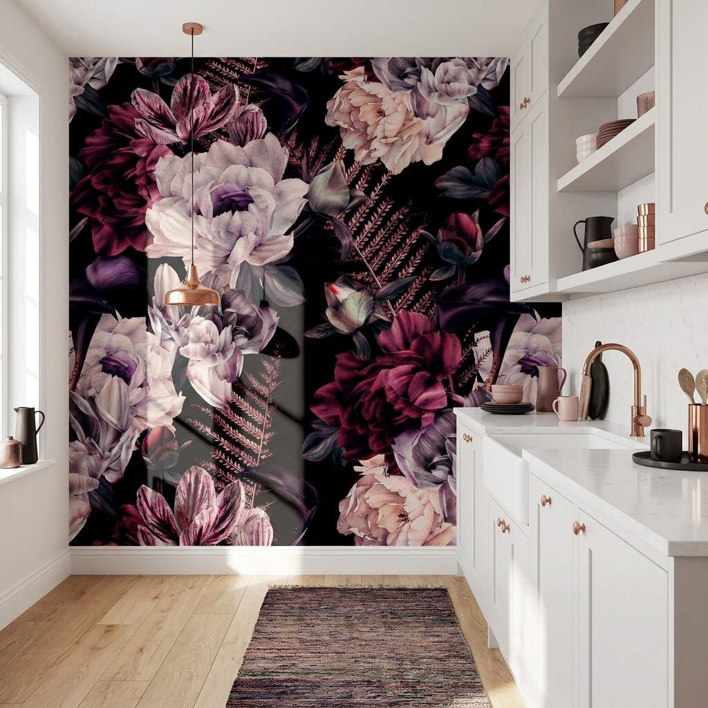 Siyah Zeminli Bordo Şakayık Buketli Salon Duvar Kağıdı