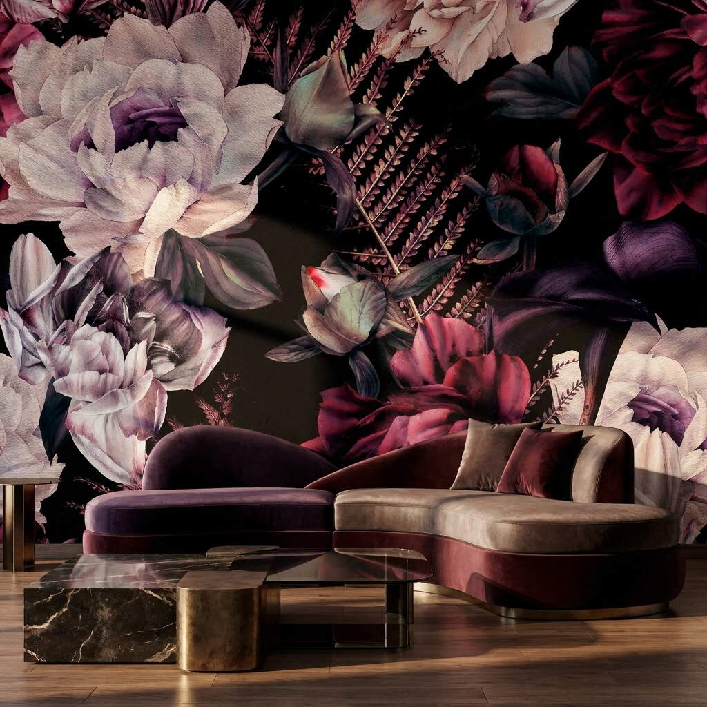 Siyah Zeminli Bordo Şakayık Buketli Salon Duvar Kağıdı