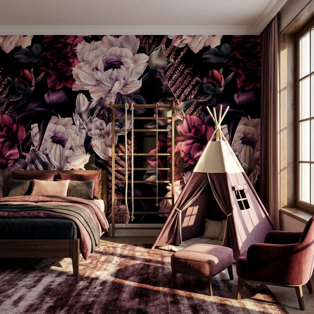Siyah Zeminli Bordo Şakayık Buketli Salon Duvar Kağıdı