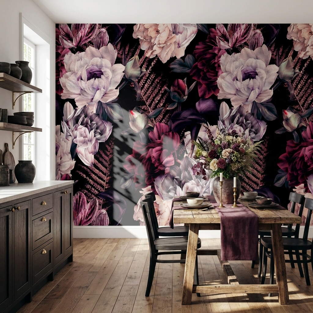 Siyah Zeminli Bordo Şakayık Buketli Salon Duvar Kağıdı