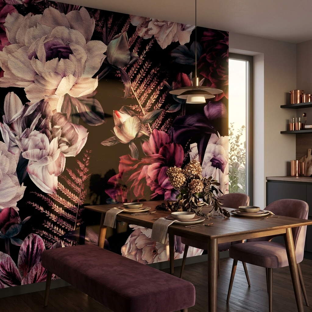 Siyah Zeminli Bordo Şakayık Buketli Salon Duvar Kağıdı