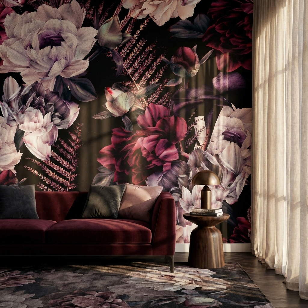 Siyah Zeminli Bordo Şakayık Buketli Salon Duvar Kağıdı