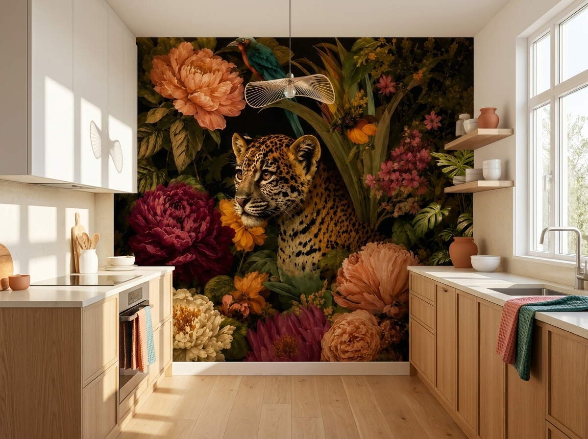 Siyah Zeminli Jaguar Çiçekli Egzotik Orman Duvar Kağıdı