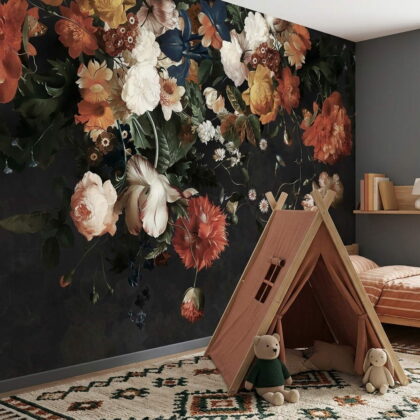 Siyah Zeminli Klasik Çiçek Buketli Salon Duvar Kağıdı