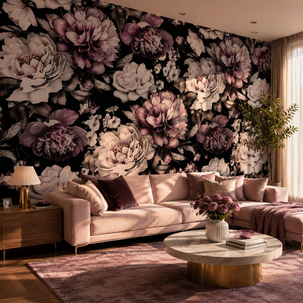 Siyah Zeminli Pembe Şakayık Çiçekli Salon Duvar Kağıdı