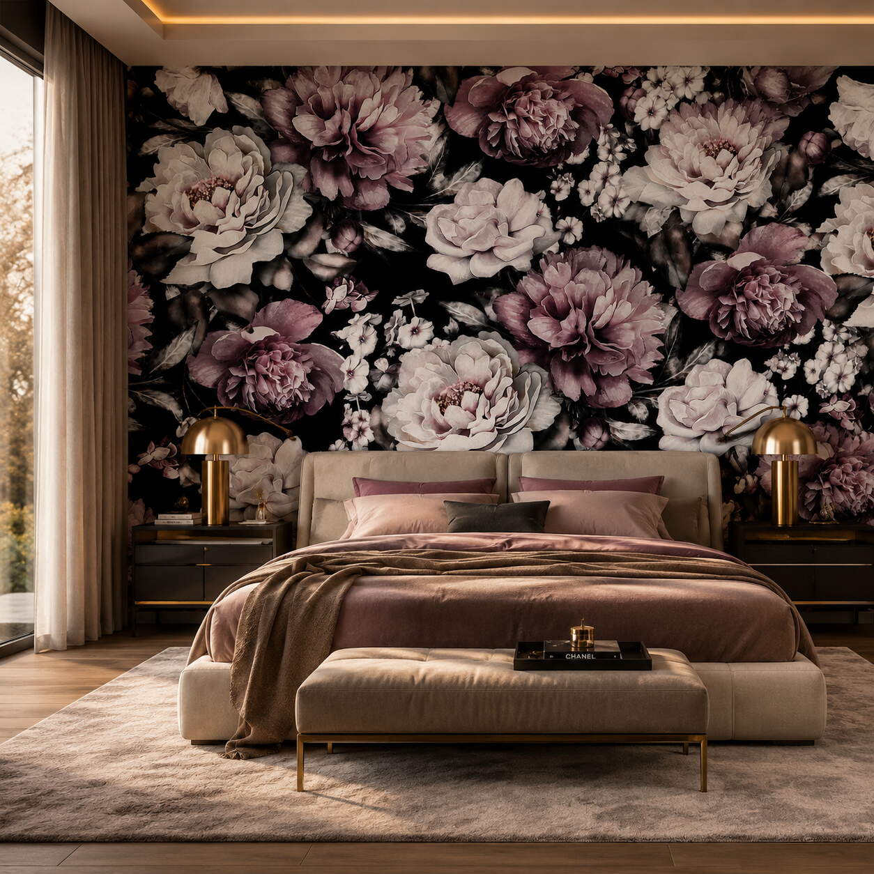Siyah Zeminli Pembe Şakayık Çiçekli Salon Duvar Kağıdı
