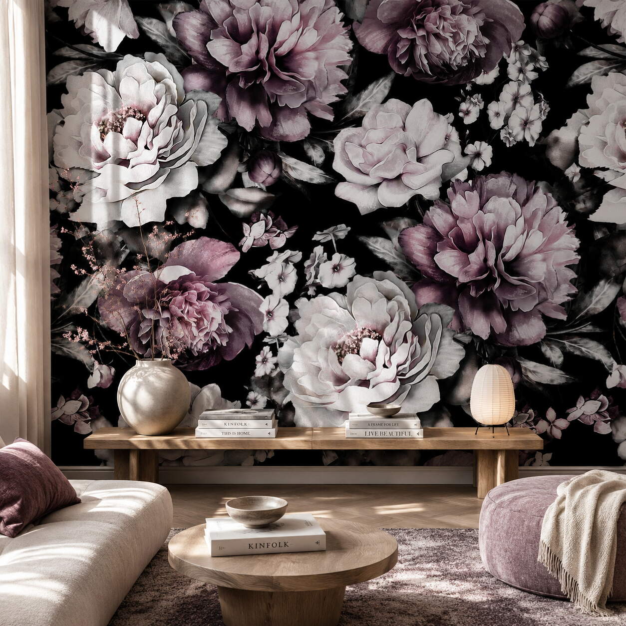 Siyah Zeminli Pembe Şakayık Çiçekli Salon Duvar Kağıdı