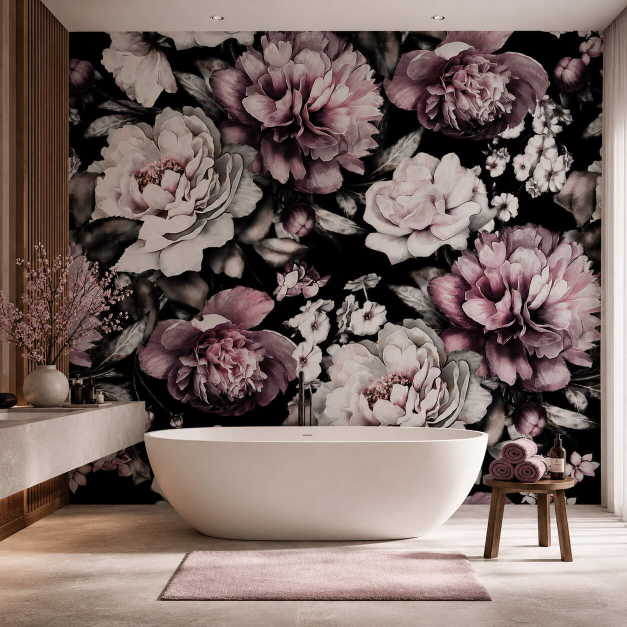 Siyah Zeminli Pembe Şakayık Çiçekli Salon Duvar Kağıdı