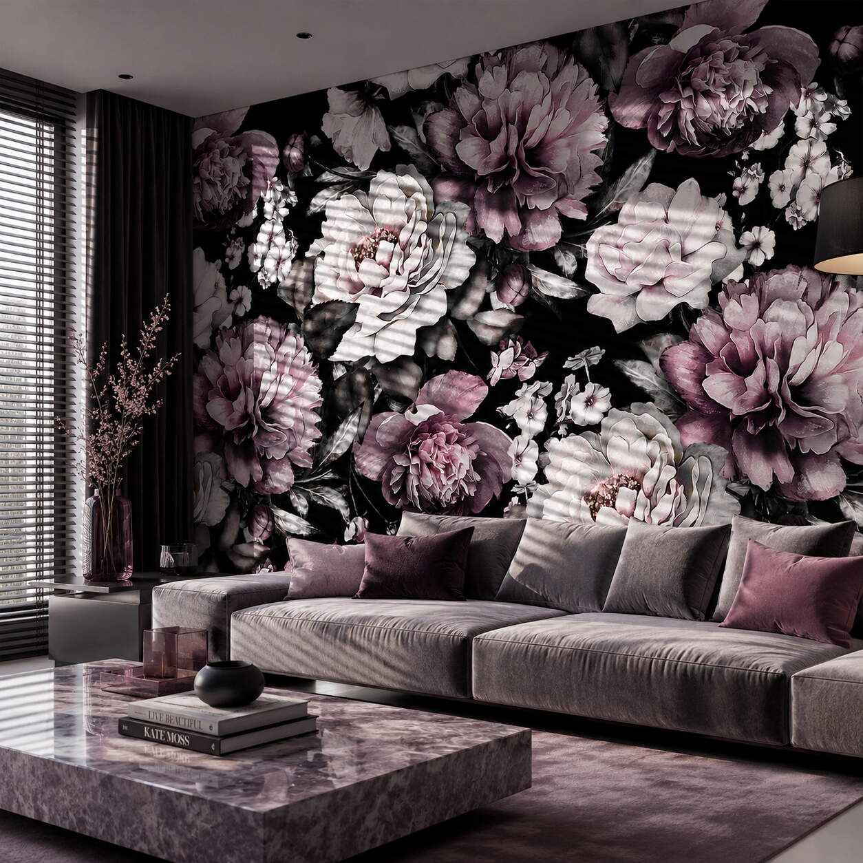 Siyah Zeminli Pembe Şakayık Çiçekli Salon Duvar Kağıdı