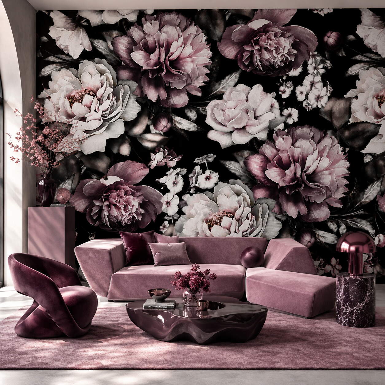 Siyah Zeminli Pembe Şakayık Çiçekli Salon Duvar Kağıdı