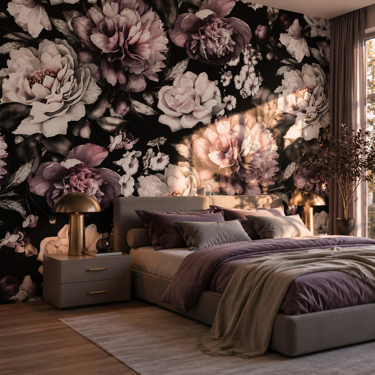 Siyah Zeminli Pembe Şakayık Çiçekli Salon Duvar Kağıdı