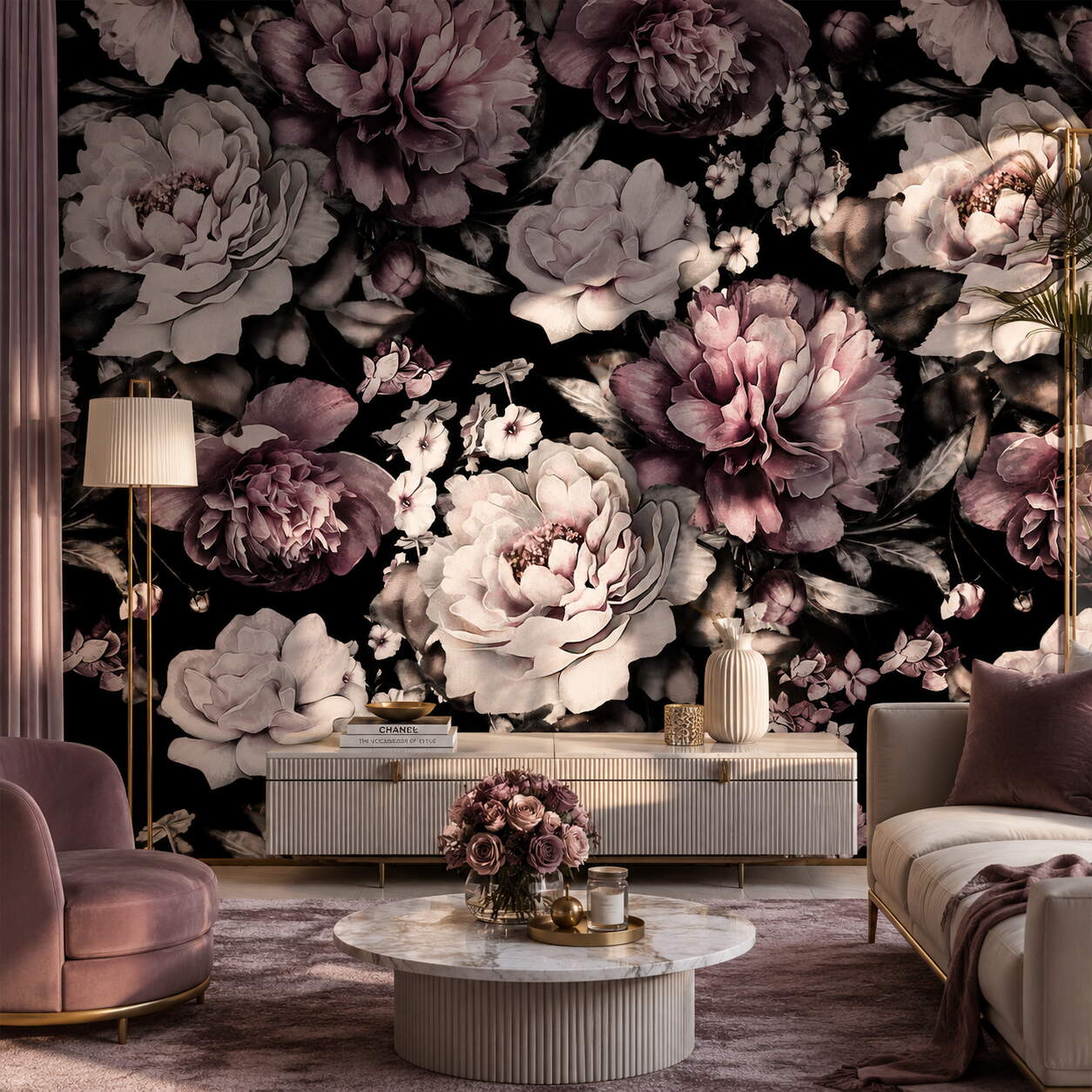 Siyah Zeminli Pembe Şakayık Çiçekli Salon Duvar Kağıdı