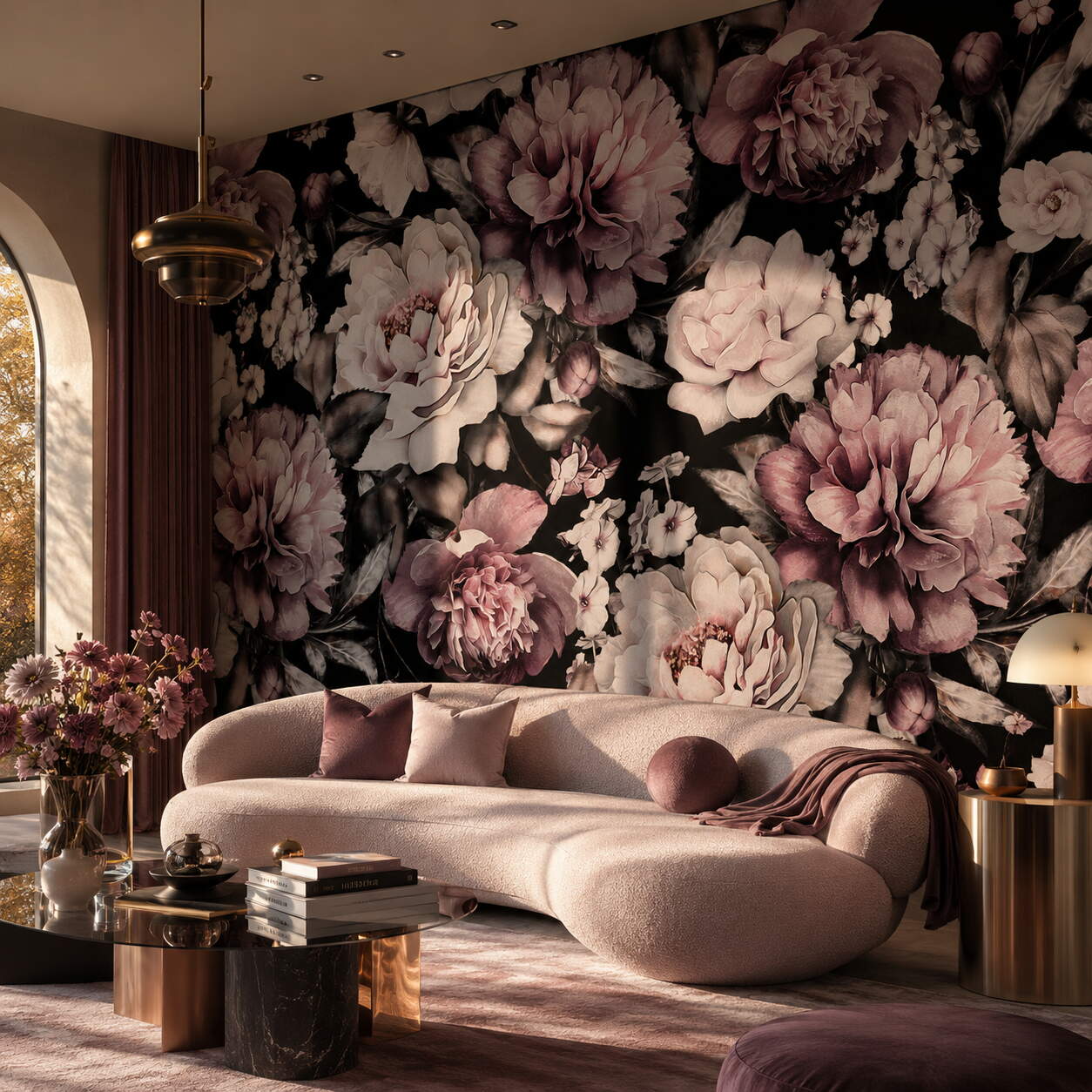 Siyah Zeminli Pembe Şakayık Çiçekli Salon Duvar Kağıdı